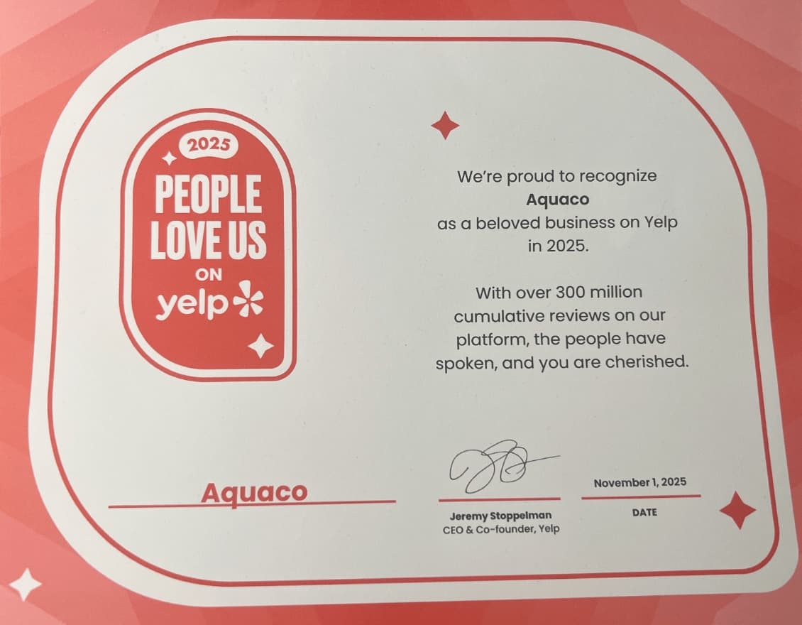 A 2025 “People Love Us on Yelp” certificate recognising Aquaco as a beloved business on Yelp